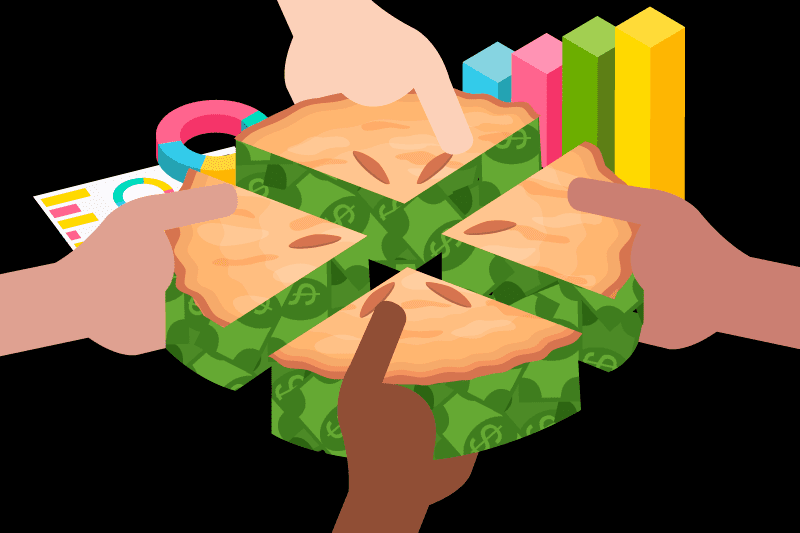 Multicultural Hands Taking Pieces Of A Money Pie