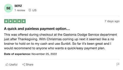 Sunbit review from Trustpilot shows how it helps consumers pay for car repairs.