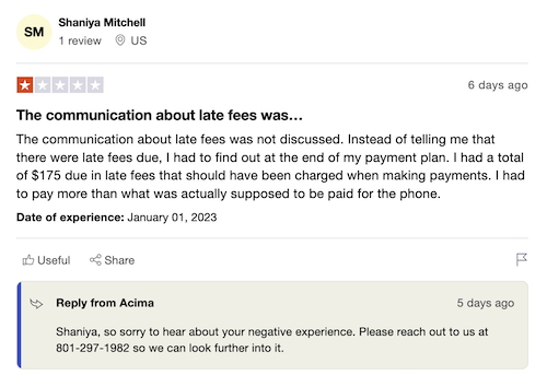 One star customer Acima review discussing expensive late fees. 