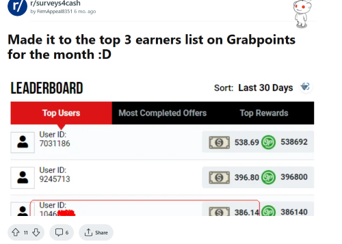 Happy GrabPoints review from a user who made the leaderboard for top earners. 