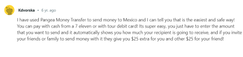 A Pangea Money Transfer review from a person on Reddit that likes using the service to send money to Mexico. 