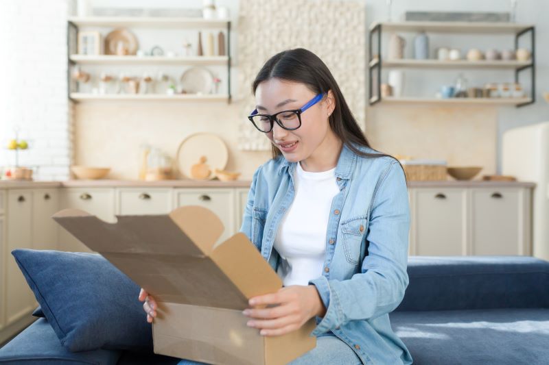 Woman sitting on couch smiling while opening a box