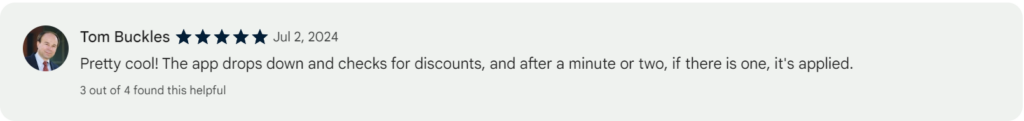 A 5-Star review from a happy user on Chrome Web Store talking about their experience with Capital One Shopping.