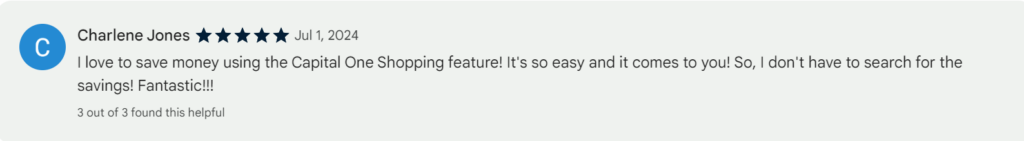 A 5-Star review from a happy user on Chrome Web Store talking about their experience with Capital One Shopping.