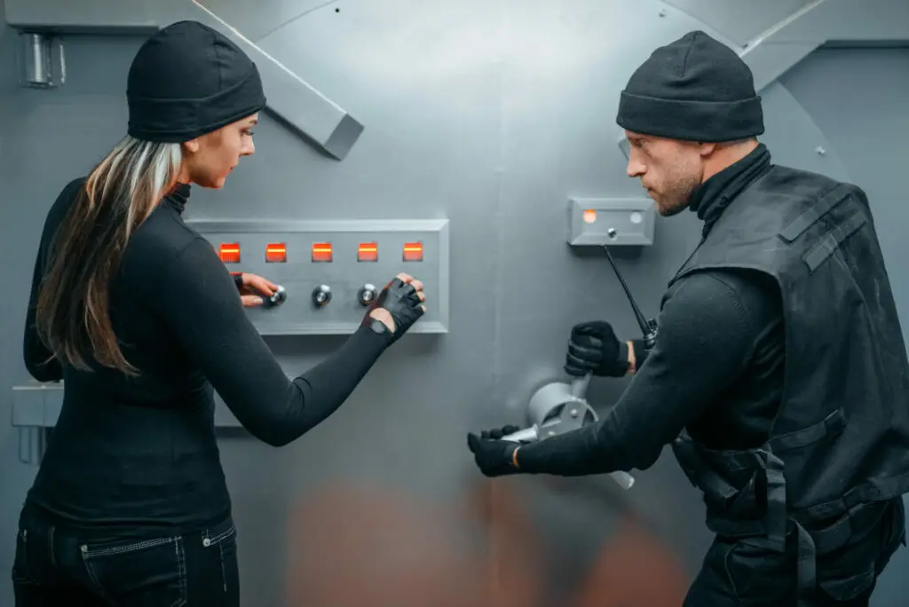 One male and one female secret agent dressed in dark clothing and gloves break into a huge vault.