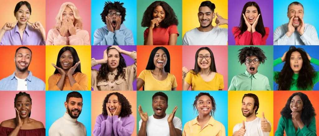 Collage of 21 young people showing various states of surprise or moods and having fun.