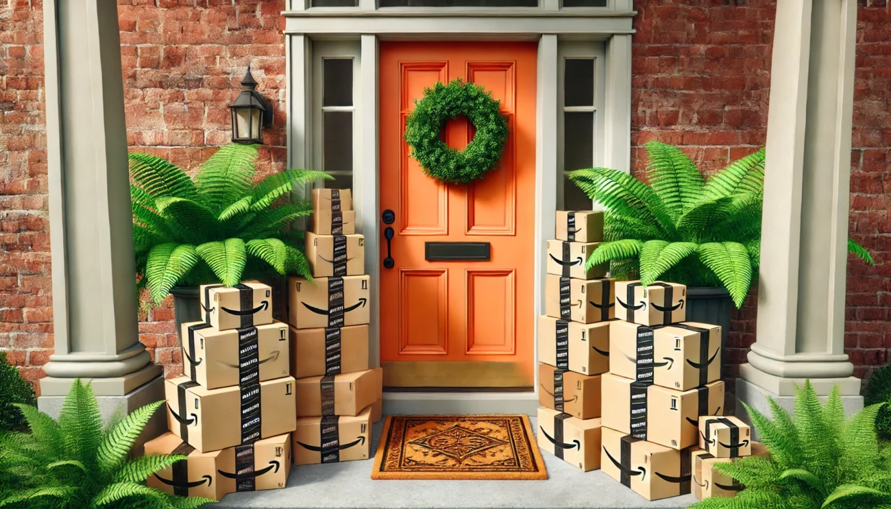 A huge stack of Amazon Prime packages sit outside the home with a bright orange door, plants and large door mat.
