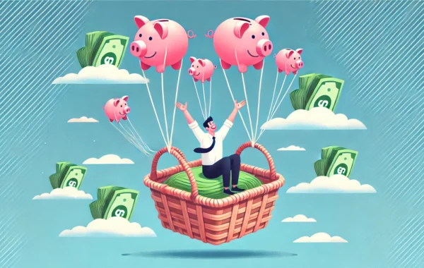Man in a basket floating in the air on balloons in the form of pink piggy banks throws his arms up in joy as he drifts through clouds with dollar signs sitting in them against a blue sky.