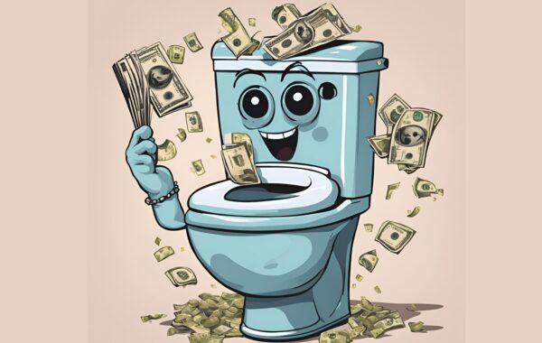 Humorous cartoon of a blue toilet with smiling face as dollar bills shoot out from the bowl.